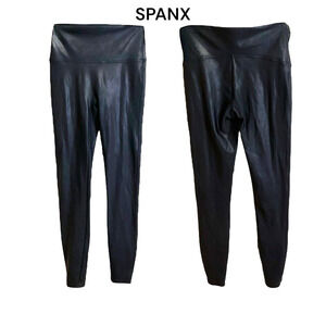 Spanx Leggings Women's Sz M Black Faux Leather Slimming Abdominal Support Band